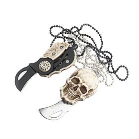 Pocket Mini Knife With Vintage Skull Design; Outdoor Camping Survival Tactical Knife; Necklace Keychain EDC Tool - Sliver